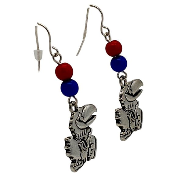 KU Jayhawks University of Kansas Earrings Red Blue Silver Tone F26 - Picture 3 of 5